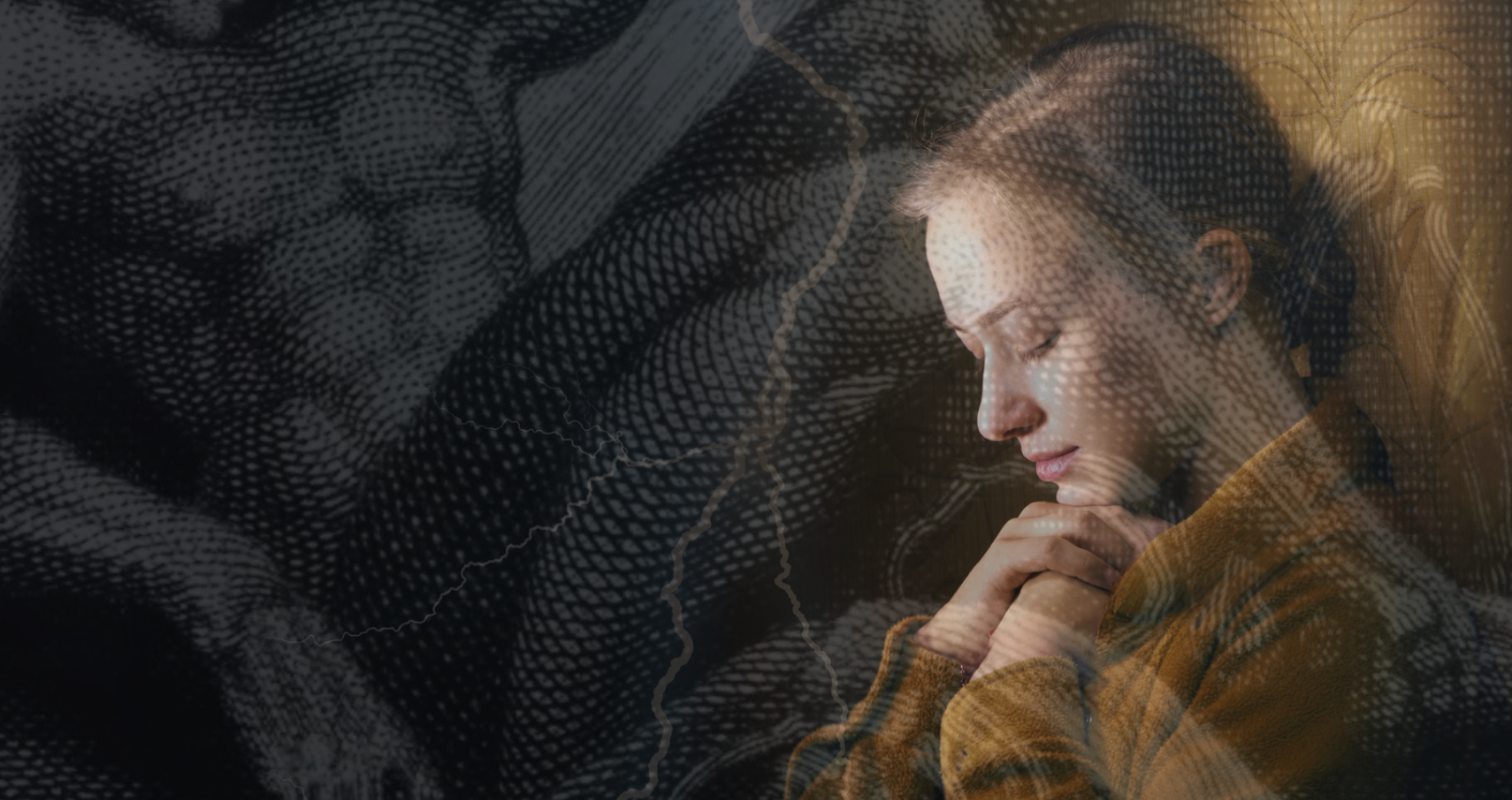 A young girl in Victorian dress overlayed with lightning and an illustration of Frankenstein
